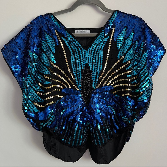 Tops - Vintage 1980s Sequin Butterfly Top Batwing Dolman Sleeve Hand Embroidered